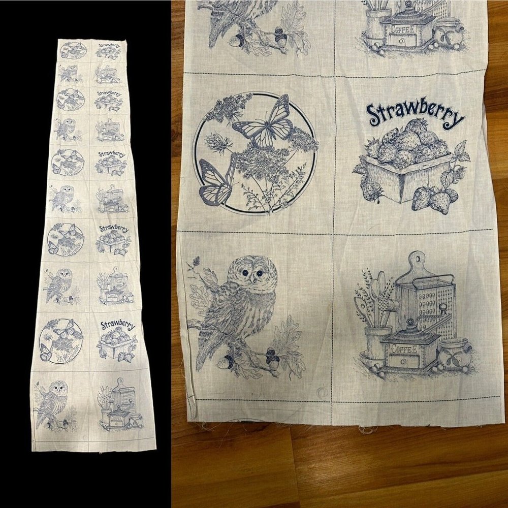 Vtg Cranston Picture Book Blocks Panel Fabric Quilting Butterfly Owl Strawberry